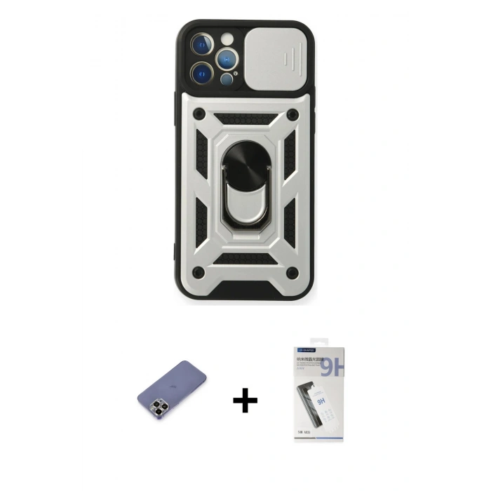 MARSİLYAN™- iPhone 12 Pro Kılıf Ahenk Klasik - Şeffaf Uv Polymer Nano Ekran Koruyucu + Metal Kamera Lens Koruma Cam - GD