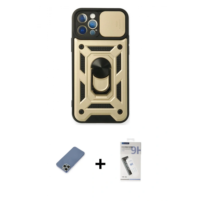 MARSİLYAN™- iPhone 12 Pro Kılıf Ahenk Klasik - Şeffaf Uv Polymer Nano Ekran Koruyucu + Metal Kamera Lens Koruma Cam - AKYL