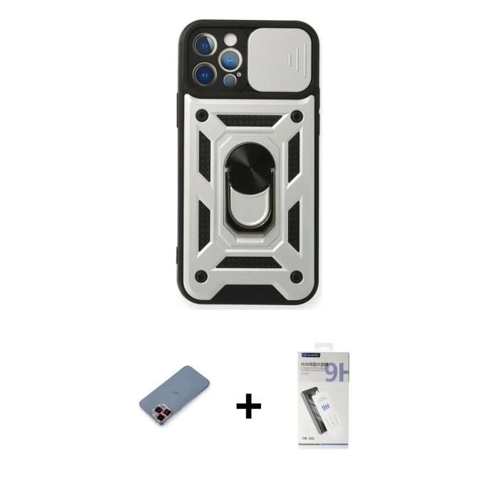 MARSİLYAN™- iPhone 12 Pro Kılıf Ahenk Klasik - Şeffaf Uv Polymer Nano Ekran Koruyucu + Metal Kamera Lens Koruma Cam - KI