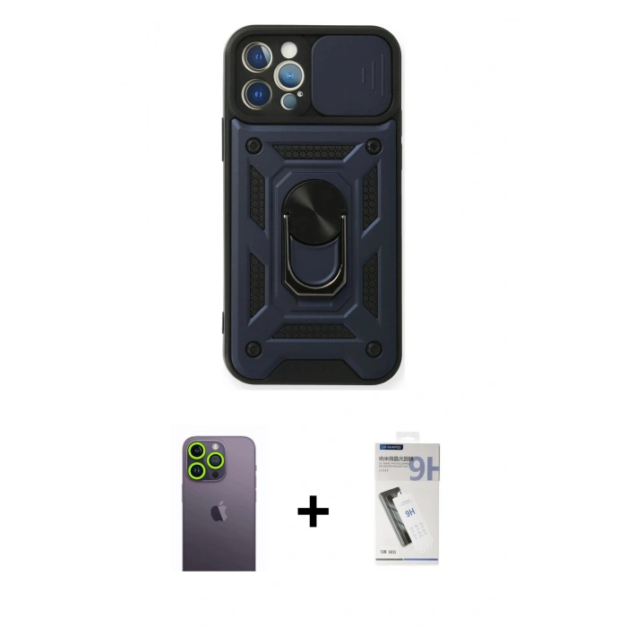 MARSİLYAN™- iPhone 12 Pro Kılıf Ahenk Klasik - Şeffaf Uv Polymer Nano Ekran Koruyucu + Neon Fosforlu Kamera Lens - YL
