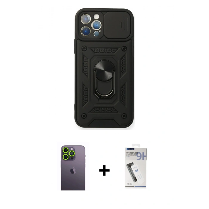 MARSİLYAN™- iPhone 12 Pro Kılıf Ahenk Klasik - Şeffaf Uv Polymer Nano Ekran Koruyucu + Neon Fosforlu Kamera Lens - YL