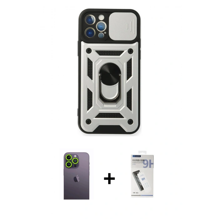 MARSİLYAN™- iPhone 12 Pro Kılıf Ahenk Klasik - Şeffaf Uv Polymer Nano Ekran Koruyucu + Neon Fosforlu Kamera Lens - YL