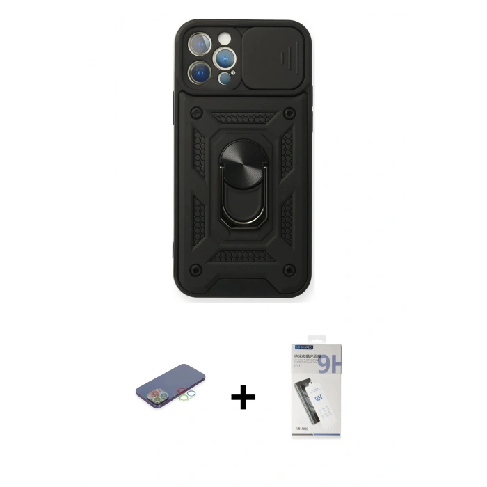 MARSİLYAN™- iPhone 12 Pro Kılıf Ahenk Klasik - Şeffaf Uv Polymer Nano Ekran Koruyucu + Renkli Kamera Lens Koruma Cam - MI