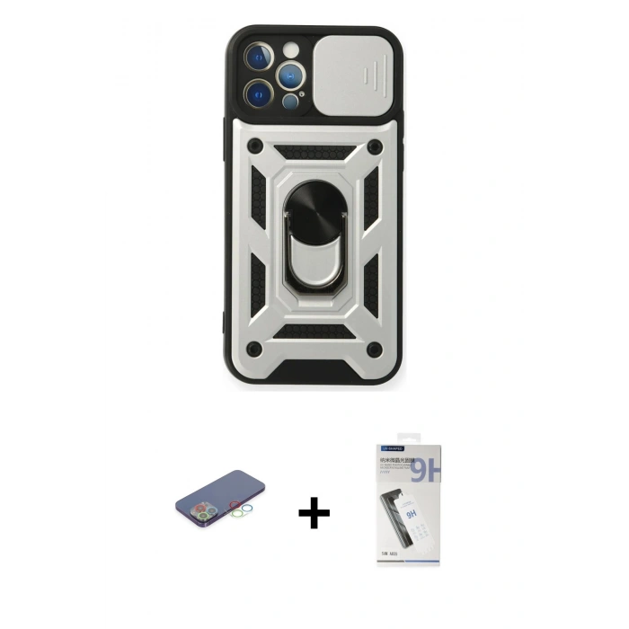 MARSİLYAN™- iPhone 12 Pro Kılıf Ahenk Klasik - Şeffaf Uv Polymer Nano Ekran Koruyucu + Renkli Kamera Lens Koruma Cam - MI