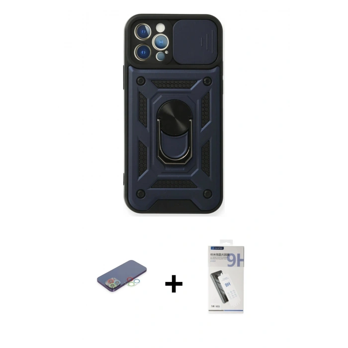 MARSİLYAN™- iPhone 12 Pro Kılıf Ahenk Klasik - Şeffaf Uv Polymer Nano Ekran Koruyucu + Renkli Kamera Lens Koruma Cam - MI