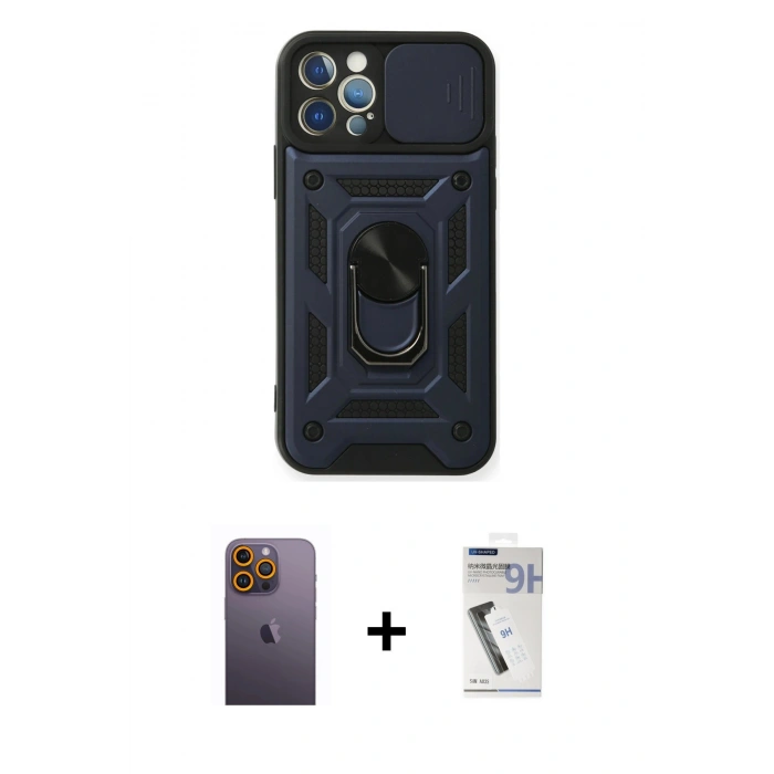 MARSİLYAN™- iPhone 12 Pro Kılıf Ahenk Klasik - Şeffaf Uv Polymer Nano Ekran Koruyucu + Neon Fosforlu Kamera Lens - SI