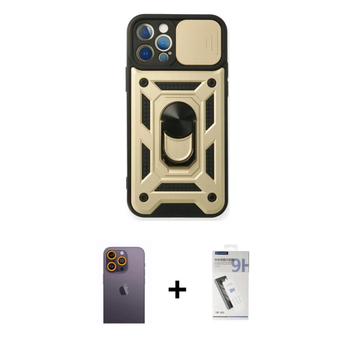 MARSİLYAN™- iPhone 12 Pro Kılıf Ahenk Klasik - Şeffaf Uv Polymer Nano Ekran Koruyucu + Neon Fosforlu Kamera Lens - SI