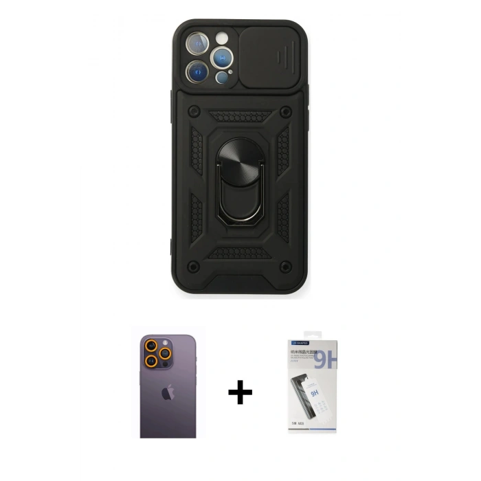MARSİLYAN™- iPhone 12 Pro Kılıf Ahenk Klasik - Şeffaf Uv Polymer Nano Ekran Koruyucu + Neon Fosforlu Kamera Lens - SI
