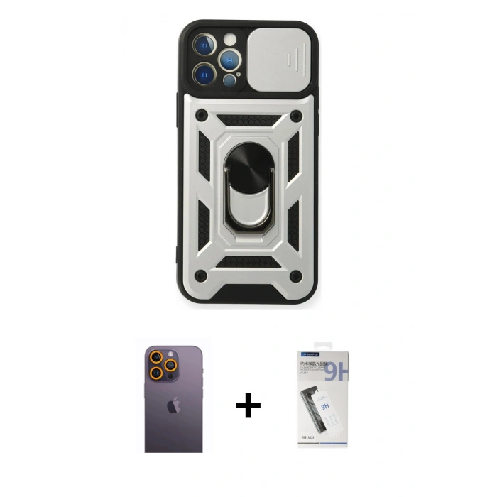 MARSİLYAN™- iPhone 12 Pro Kılıf Ahenk Klasik - Şeffaf Uv Polymer Nano Ekran Koruyucu + Neon Fosforlu Kamera Lens - SI