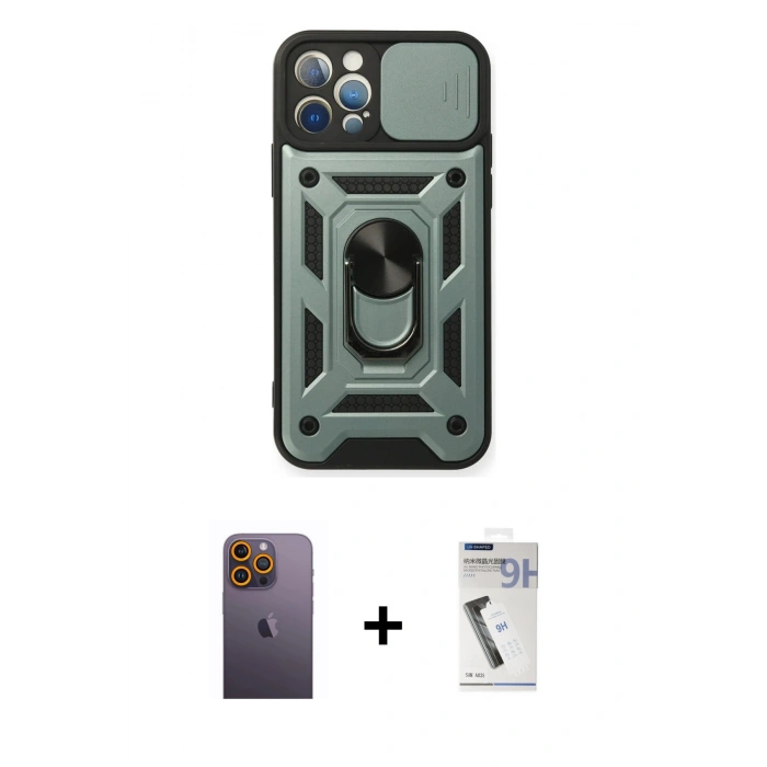 MARSİLYAN™- iPhone 12 Pro Kılıf Ahenk Klasik - Şeffaf Uv Polymer Nano Ekran Koruyucu + Neon Fosforlu Kamera Lens - SI