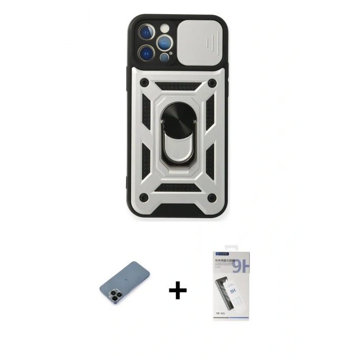 MARSİLYAN™- iPhone 12 Pro Kılıf Ahenk Klasik - Şeffaf Uv Polymer Nano Ekran Koruyucu + Shine Kamera Lens Koruma Cam - SH