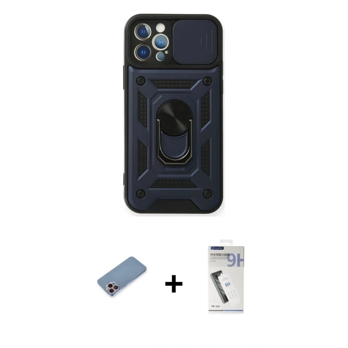 MARSİLYAN™- iPhone 12 Pro Kılıf Ahenk Klasik - Şeffaf Uv Polymer Nano Ekran Koruyucu + Shine Kamera Lens Koruma Cam - PE