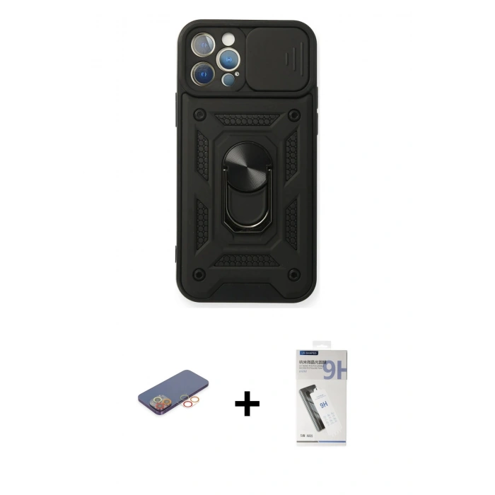 MARSİLYAN™- iPhone 12 Pro Kılıf Ahenk Klasik - Şeffaf Uv Polymer Nano Ekran Koruyucu + Turuncu Renkli Kamera Lens Koruma Cam
