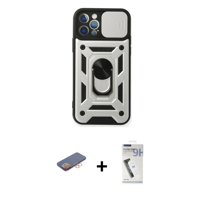 MARSİLYAN™- iPhone 12 Pro Kılıf Ahenk Klasik - Şeffaf Uv Polymer Nano Ekran Koruyucu + Turuncu Renkli Kamera Lens Koruma Cam