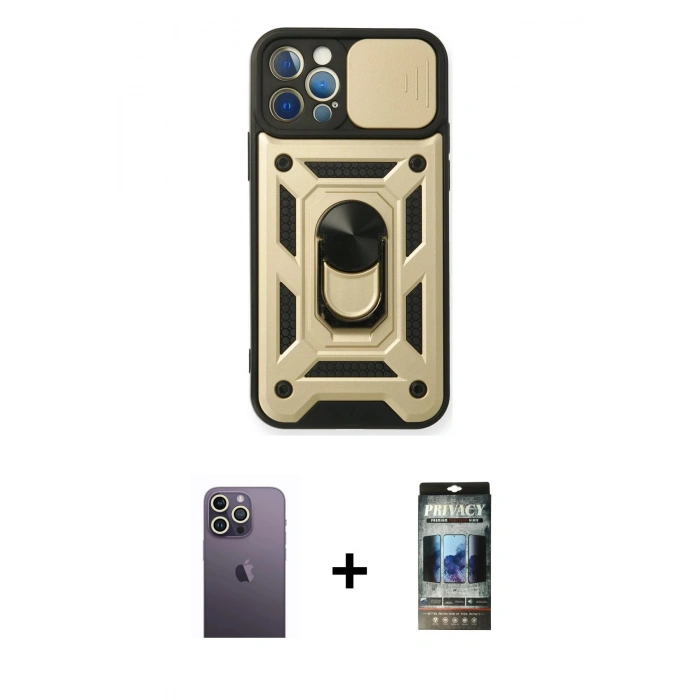 MARSİLYAN™- iPhone 12 Pro Kılıf Ahenk Klasik - Siyah 34D Hayalet Izgaralı Cam + Neon Fosforlu Kamera Lens - BZ