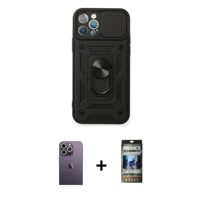 MARSİLYAN™- iPhone 12 Pro Kılıf Ahenk Klasik - Siyah 34D Hayalet Izgaralı Cam + Neon Fosforlu Kamera Lens - BZ