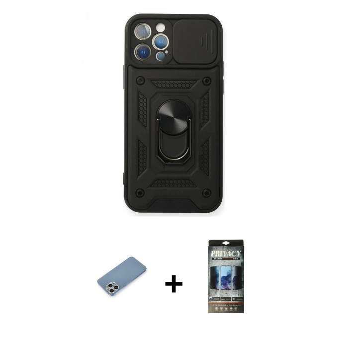 MARSİLYAN™- iPhone 12 Pro Kılıf Ahenk Klasik - Siyah 34D Hayalet Izgaralı Cam + Gümüş Shine Kamera Lens Koruma Cam