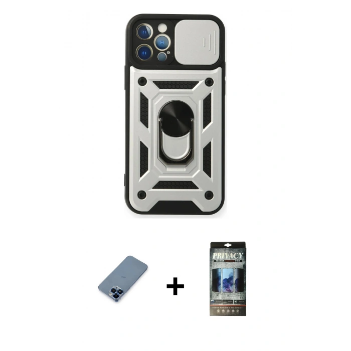 MARSİLYAN™- iPhone 12 Pro Kılıf Ahenk Klasik - Siyah 34D Hayalet Izgaralı Cam + Metal Kamera Lens Koruma Cam - MI