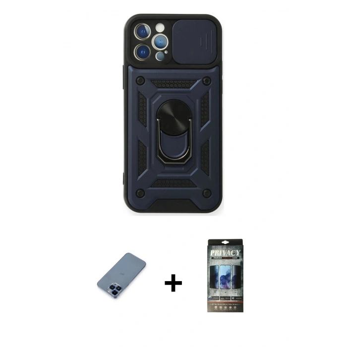MARSİLYAN™- iPhone 12 Pro Kılıf Ahenk Klasik - Siyah 34D Hayalet Izgaralı Cam + Metal Kamera Lens Koruma Cam - MI