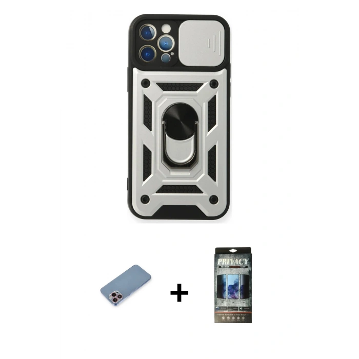 MARSİLYAN™- iPhone 12 Pro Kılıf Ahenk Klasik - Siyah 34D Hayalet Izgaralı Cam + Shine Kamera Lens Koruma Cam - PE