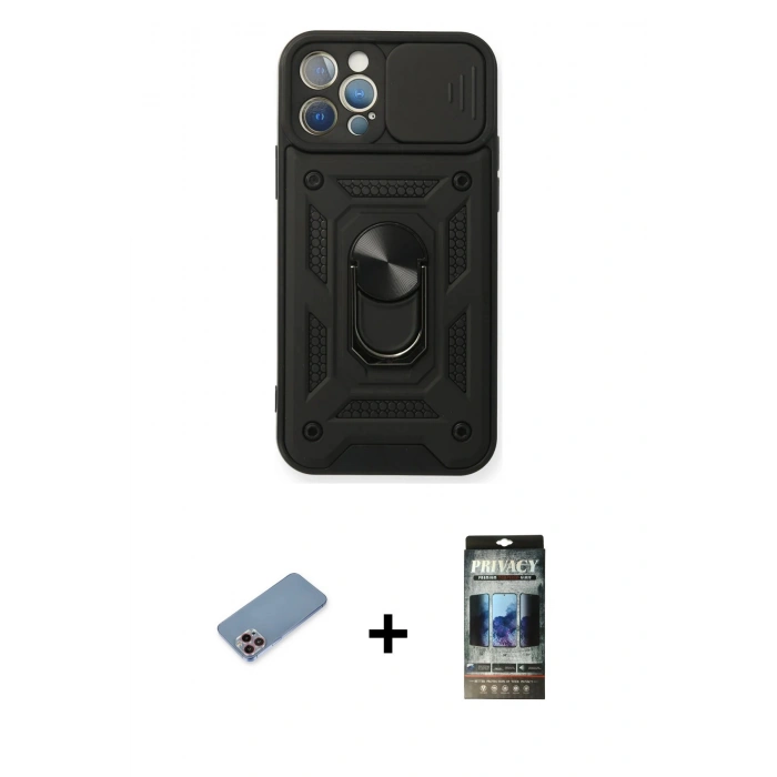 MARSİLYAN™- iPhone 12 Pro Kılıf Ahenk Klasik - Siyah 34D Hayalet Izgaralı Cam + Shine Kamera Lens Koruma Cam - PE