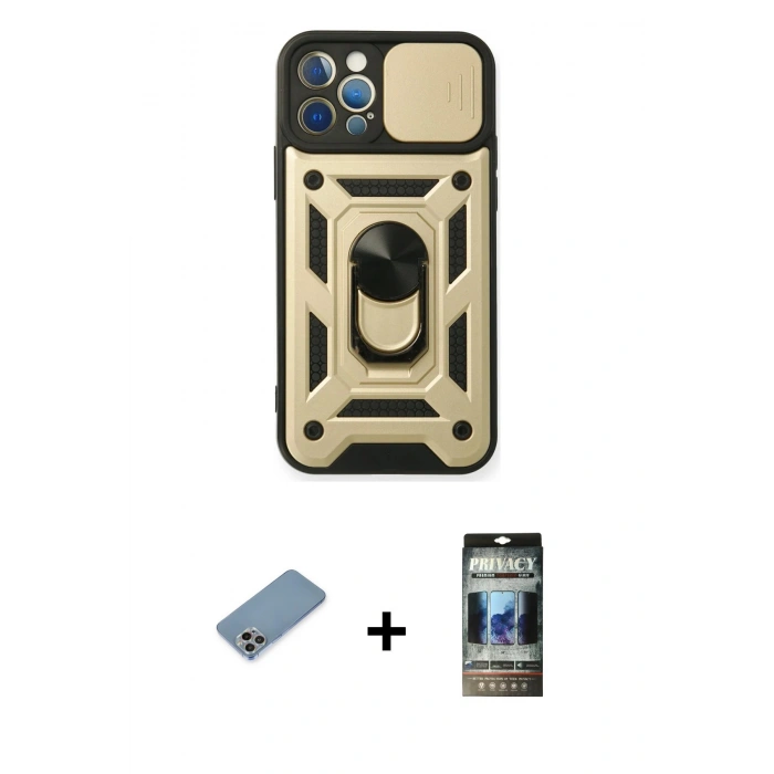 MARSİLYAN™- iPhone 12 Pro Kılıf Ahenk Klasik - Siyah 34D Hayalet Izgaralı Cam + Shine Kamera Lens Koruma Cam - GI