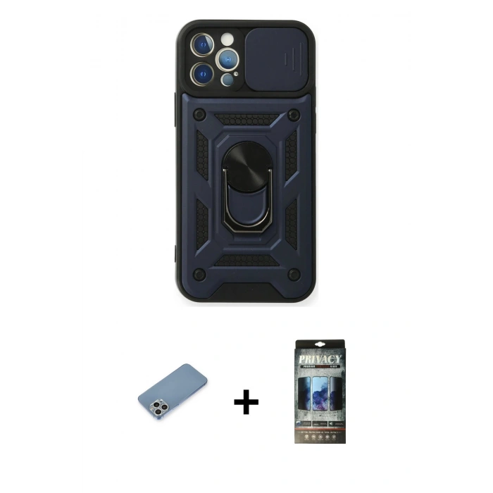 MARSİLYAN™- iPhone 12 Pro Kılıf Ahenk Klasik - Siyah 34D Hayalet Izgaralı Cam + Shine Kamera Lens Koruma Cam - GS