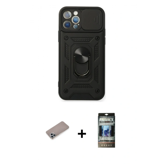 MARSİLYAN™- iPhone 12 Pro Kılıf Ahenk Klasik - Siyah 34D Hayalet Izgaralı Cam + Shine Kamera Lens Koruma Cam - SABE