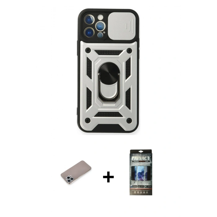 MARSİLYAN™- iPhone 12 Pro Kılıf Ahenk Klasik - Siyah 34D Hayalet Izgaralı Cam + Shine Kamera Lens Koruma Cam - SABE