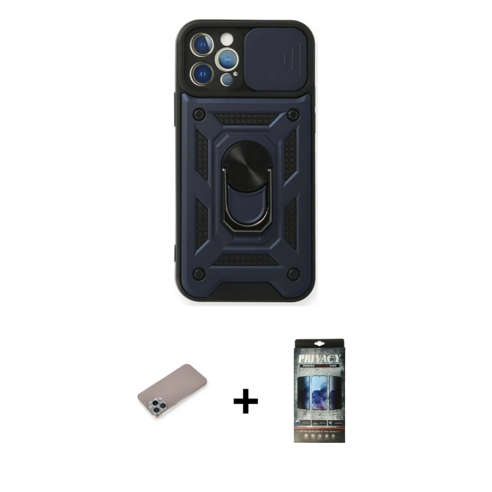 MARSİLYAN™- iPhone 12 Pro Kılıf Ahenk Klasik - Siyah 34D Hayalet Izgaralı Cam + Shine Kamera Lens Koruma Cam - SABE
