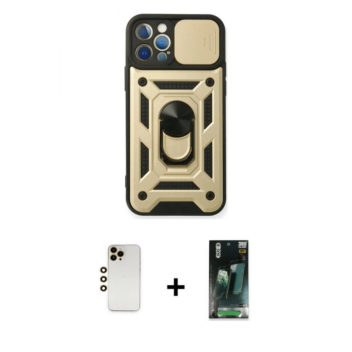MARSİLYAN™- iPhone 12 Pro Kılıf Ahenk Klasik - Siyah 360 Mat Full Body Arka Koruyucu + Shine Kamera Lens - GD