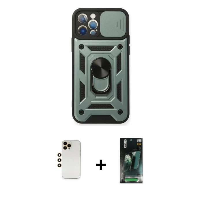 MARSİLYAN™- iPhone 12 Pro Kılıf Ahenk Klasik - Siyah 360 Mat Full Body Arka Koruyucu + Shine Kamera Lens - GD