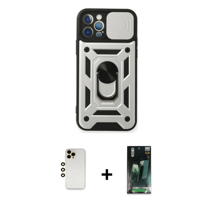 MARSİLYAN™- iPhone 12 Pro Kılıf Ahenk Klasik - Siyah 360 Mat Full Body Arka Koruyucu + Shine Kamera Lens - GD