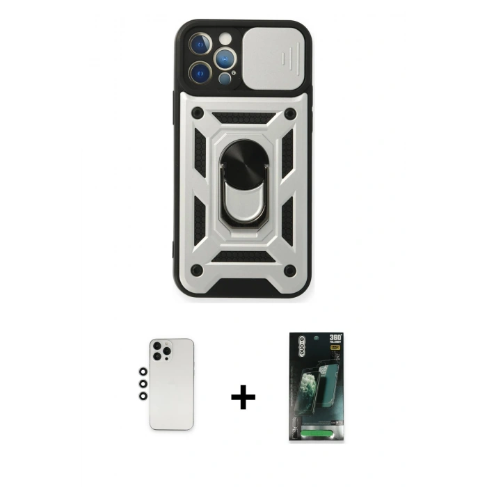 MARSİLYAN™- iPhone 12 Pro Kılıf Ahenk Klasik - Siyah 360 Mat Full Body Arka Koruyucu + Shine Kamera Lens - GS