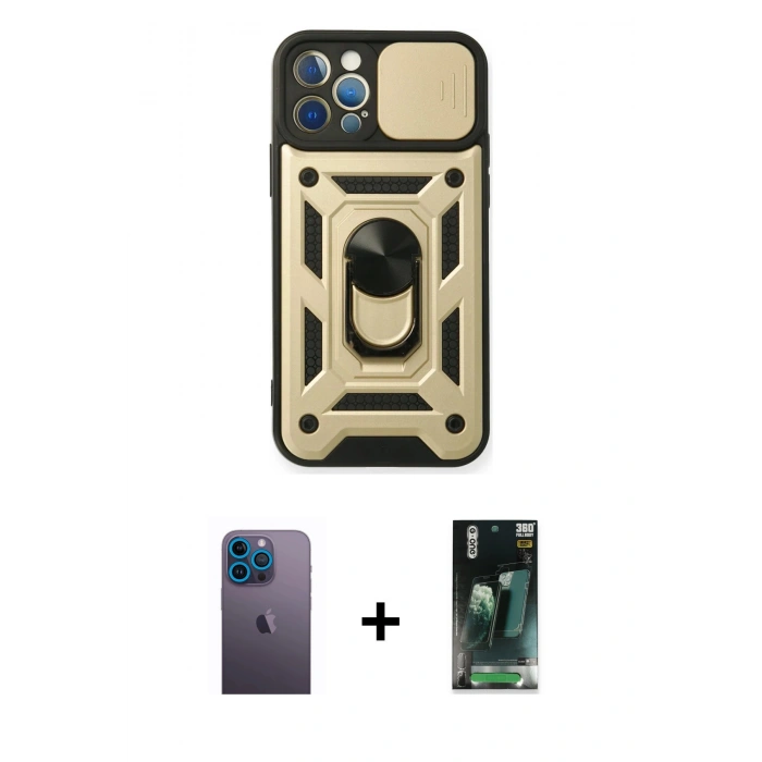 MARSİLYAN™- iPhone 12 Pro Kılıf Ahenk Klasik - Siyah 360 Mat Full Body Arka Koruyucu + Neon Fosforlu Kamera Lens - MI