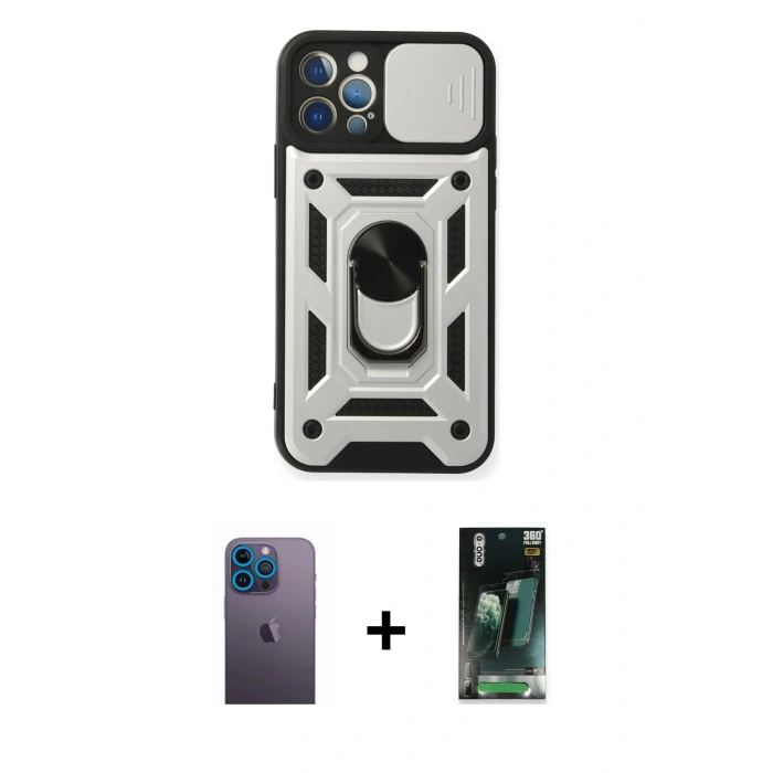 MARSİLYAN™- iPhone 12 Pro Kılıf Ahenk Klasik - Siyah 360 Mat Full Body Arka Koruyucu + Neon Fosforlu Kamera Lens - MI