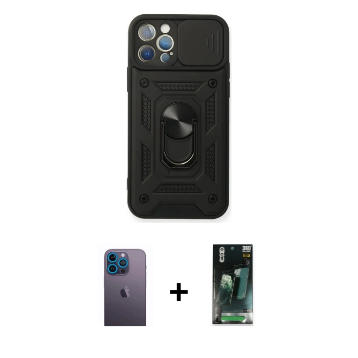 MARSİLYAN™- iPhone 12 Pro Kılıf Ahenk Klasik - Siyah 360 Mat Full Body Arka Koruyucu + Neon Fosforlu Kamera Lens - MI