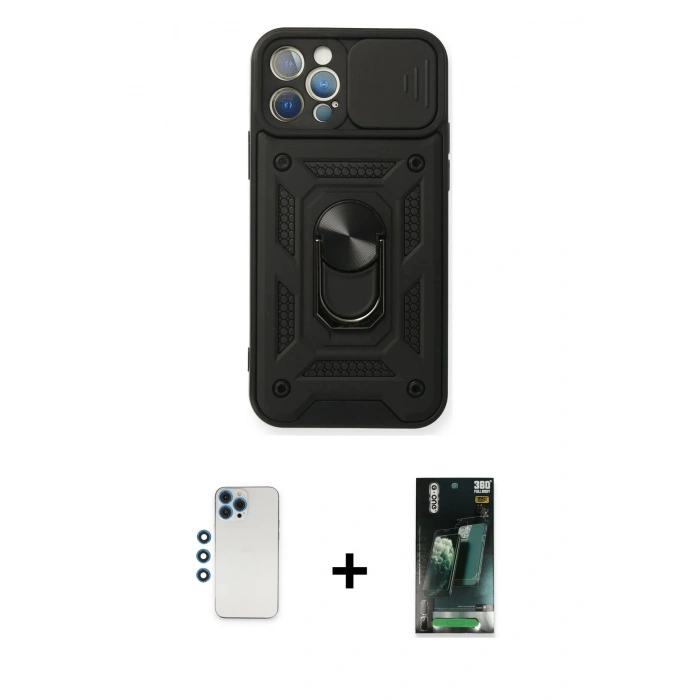 MARSİLYAN™- iPhone 12 Pro Kılıf Ahenk Klasik - Siyah 360 Mat Full Body Arka Koruyucu + Shine Kamera Lens - MI