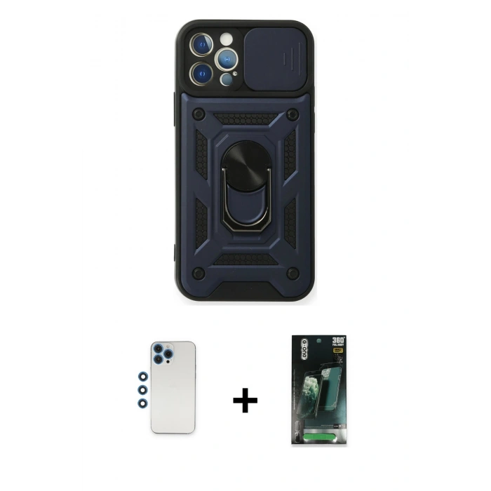 MARSİLYAN™- iPhone 12 Pro Kılıf Ahenk Klasik - Siyah 360 Mat Full Body Arka Koruyucu + Shine Kamera Lens - MI