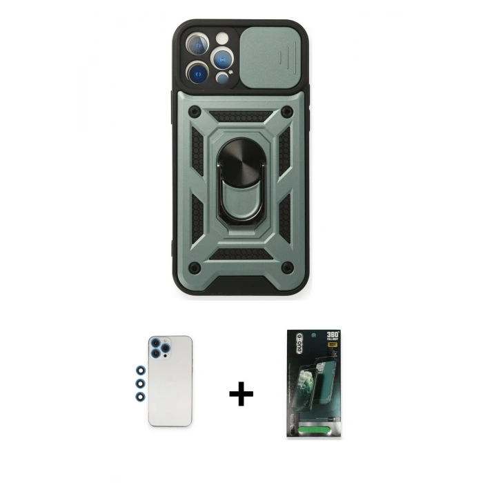 MARSİLYAN™- iPhone 12 Pro Kılıf Ahenk Klasik - Siyah 360 Mat Full Body Arka Koruyucu + Shine Kamera Lens - MI