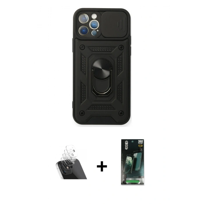 MARSİLYAN™- iPhone 12 Pro Kılıf Ahenk Klasik - Siyah 360 Mat Full Body Arka Koruyucu + Kamera Lens Koruma Cam - SF