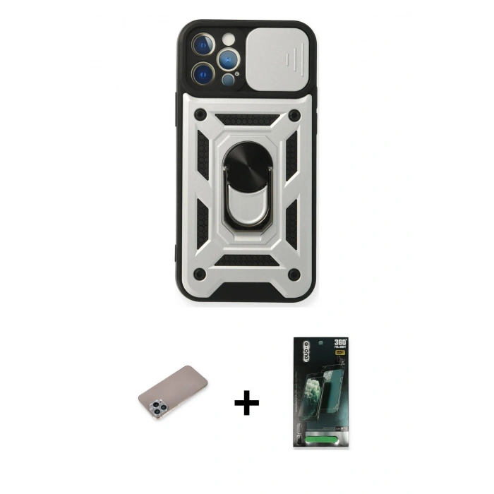 MARSİLYAN™- iPhone 12 Pro Kılıf Ahenk Klasik - Siyah 360 Mat Full Body Arka Koruyucu + Shine Kamera Lens Koruma Cam - SABE