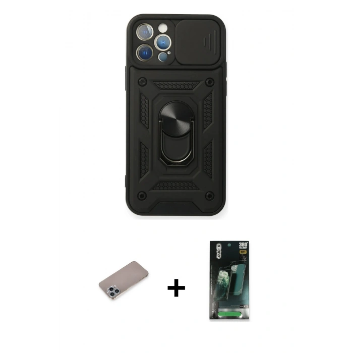 MARSİLYAN™- iPhone 12 Pro Kılıf Ahenk Klasik - Siyah 360 Mat Full Body Arka Koruyucu + Shine Kamera Lens Koruma Cam - SABE