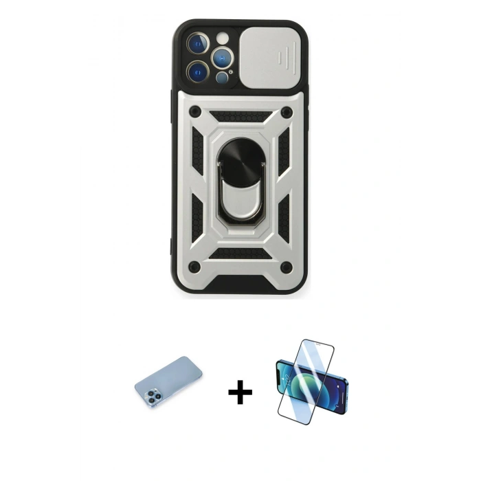 MARSİLYAN™- iPhone 12 Pro Kılıf Ahenk Klasik - Siyah 3D Antistatik Cam Ekran Koruyucu + Shine Kamera Lens Koruma Cam - MI