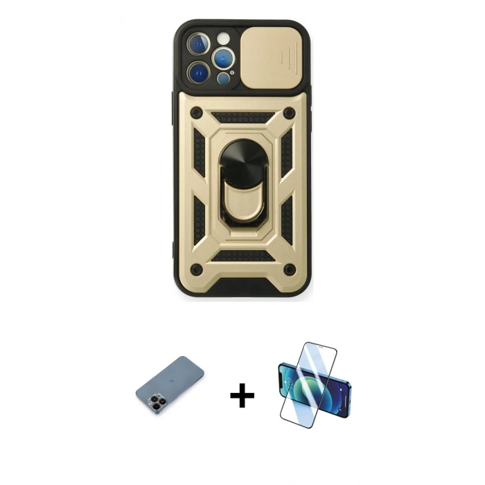MARSİLYAN™- iPhone 12 Pro Kılıf Ahenk Klasik - Siyah 3D Antistatik Cam Ekran Koruyucu + Shine Kamera Lens Koruma Cam - SH