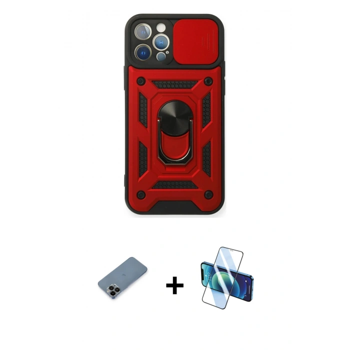 MARSİLYAN™- iPhone 12 Pro Kılıf Ahenk Klasik - Siyah 3D Antistatik Cam Ekran Koruyucu + Shine Kamera Lens Koruma Cam - SH
