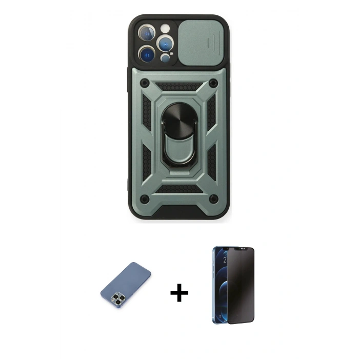 MARSİLYAN™- iPhone 12 Pro Kılıf Ahenk Klasik - Siyah 3D Antistatik Hayalet Cam Ekran Koruyucu + Metal Kamera Lens Koruma Cam - AKYL