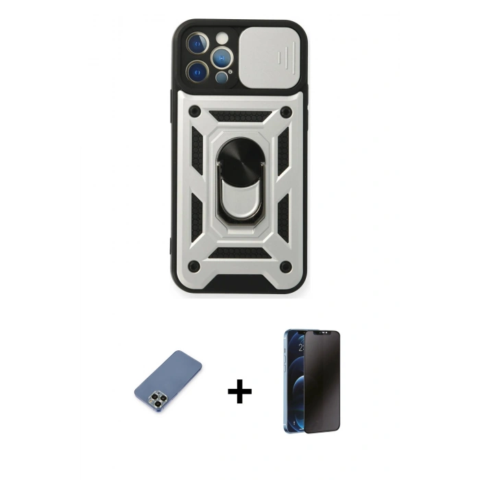 MARSİLYAN™- iPhone 12 Pro Kılıf Ahenk Klasik - Siyah 3D Antistatik Hayalet Cam Ekran Koruyucu + Metal Kamera Lens Koruma Cam - AKYL