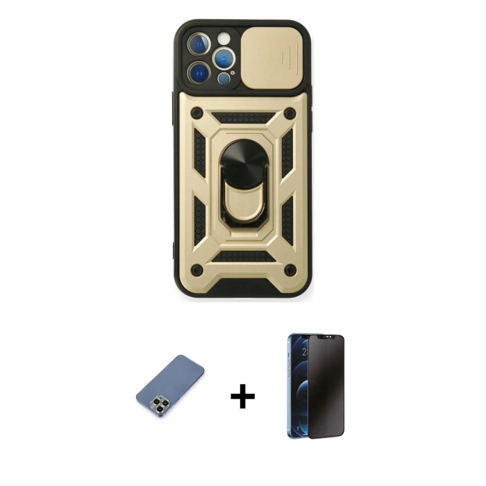 MARSİLYAN™- iPhone 12 Pro Kılıf Ahenk Klasik - Siyah 3D Antistatik Hayalet Cam Ekran Koruyucu + Metal Kamera Lens Koruma Cam - AKYL