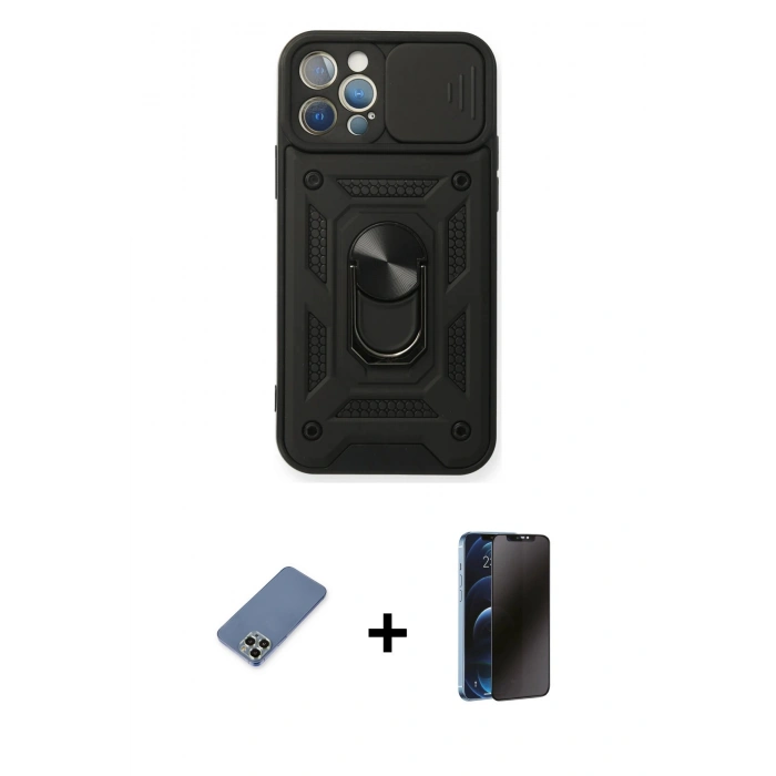 MARSİLYAN™- iPhone 12 Pro Kılıf Ahenk Klasik - Siyah 3D Antistatik Hayalet Cam Ekran Koruyucu + Metal Kamera Lens Koruma Cam - AKYL